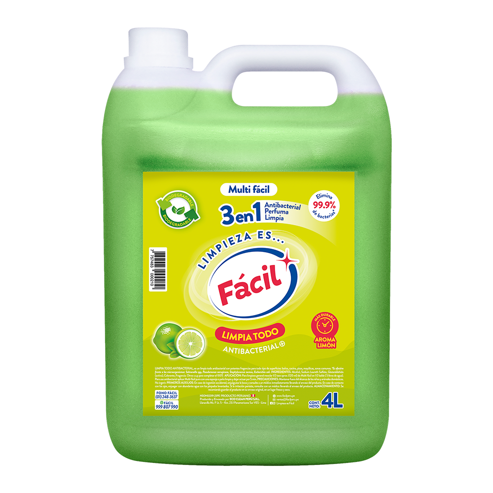 Multi-facil-limon-4L-con-bio MULTI FÁCIL – LIMPIADOR 3 EN 1 – LIMÓN – 4L - Imagen 1